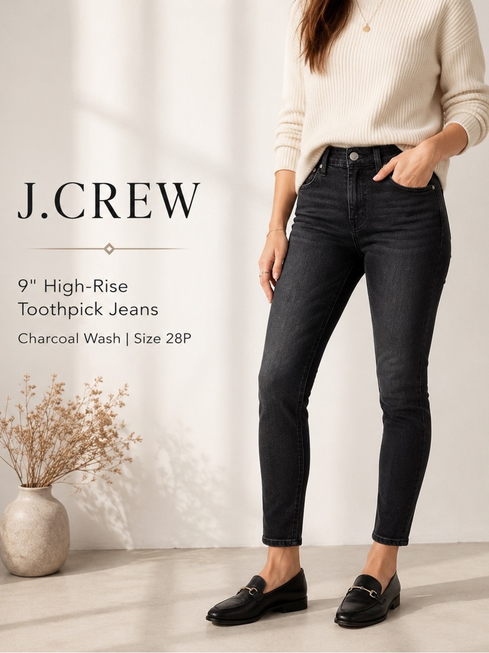 J.Crew 9” High Rise Toothpick Skinny Jeans Charcoal Wash Petite 28P